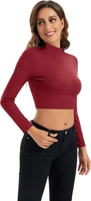 Womens Long Sleeve Crop Tops Lightweight Mock Neck Base Layer Shirts