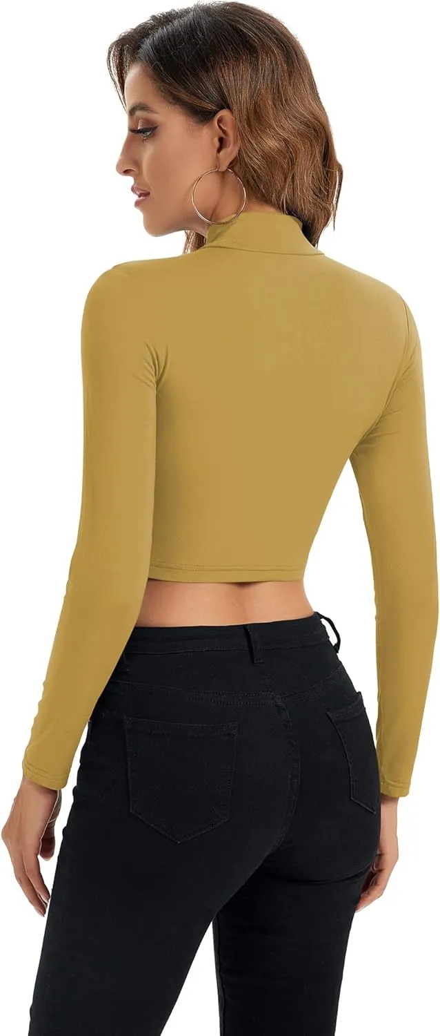 Womens Long Sleeve Crop Tops Lightweight Mock Neck Base Layer Shirts