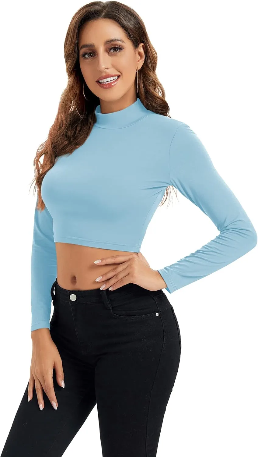 Womens Long Sleeve Crop Tops Lightweight Mock Neck Base Layer Shirts