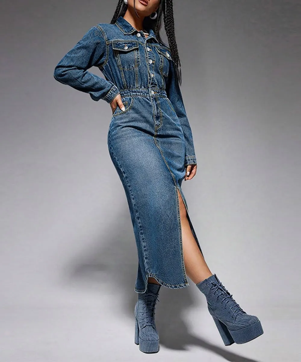 Women's Long Sleeves Lapel Denim Dress High Waist Buttons Slit Midi Washed Hip Wrap Dress