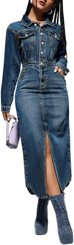 Women's Long Sleeves Lapel Denim Dress High Waist Buttons Slit Midi Washed Hip Wrap Dress