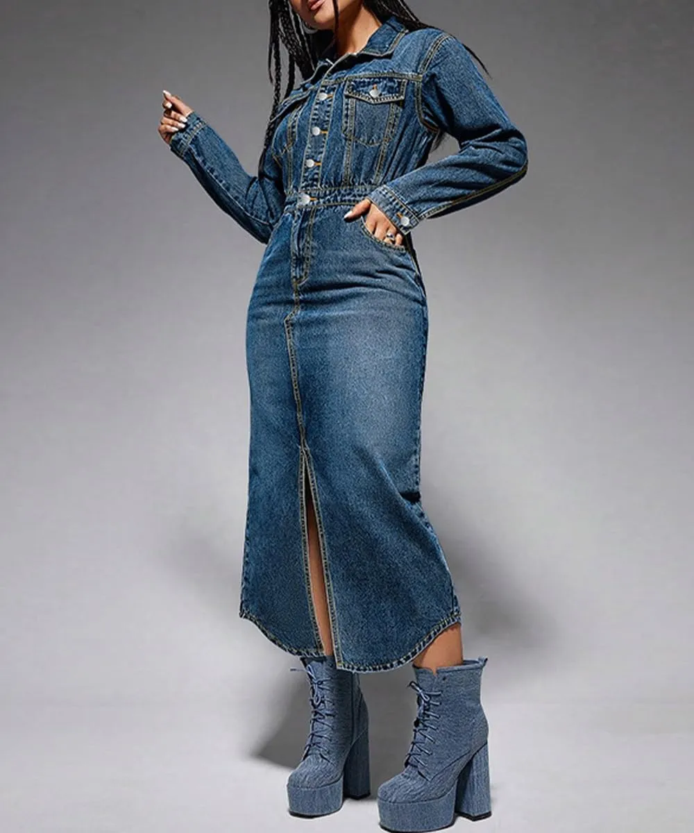 Women's Long Sleeves Lapel Denim Dress High Waist Buttons Slit Midi Washed Hip Wrap Dress