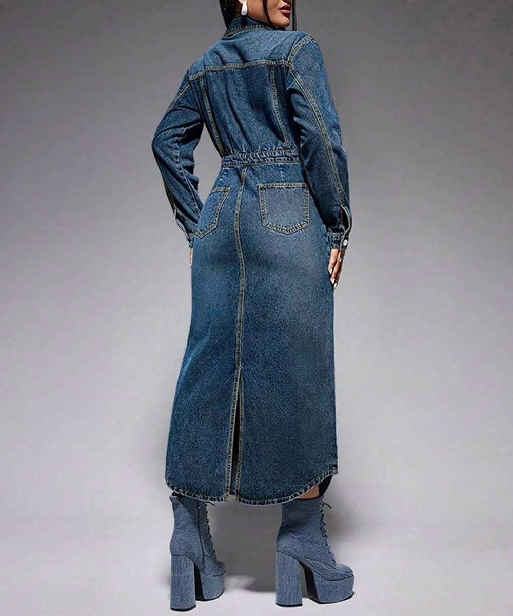 Women's Long Sleeves Lapel Denim Dress High Waist Buttons Slit Midi Washed Hip Wrap Dress