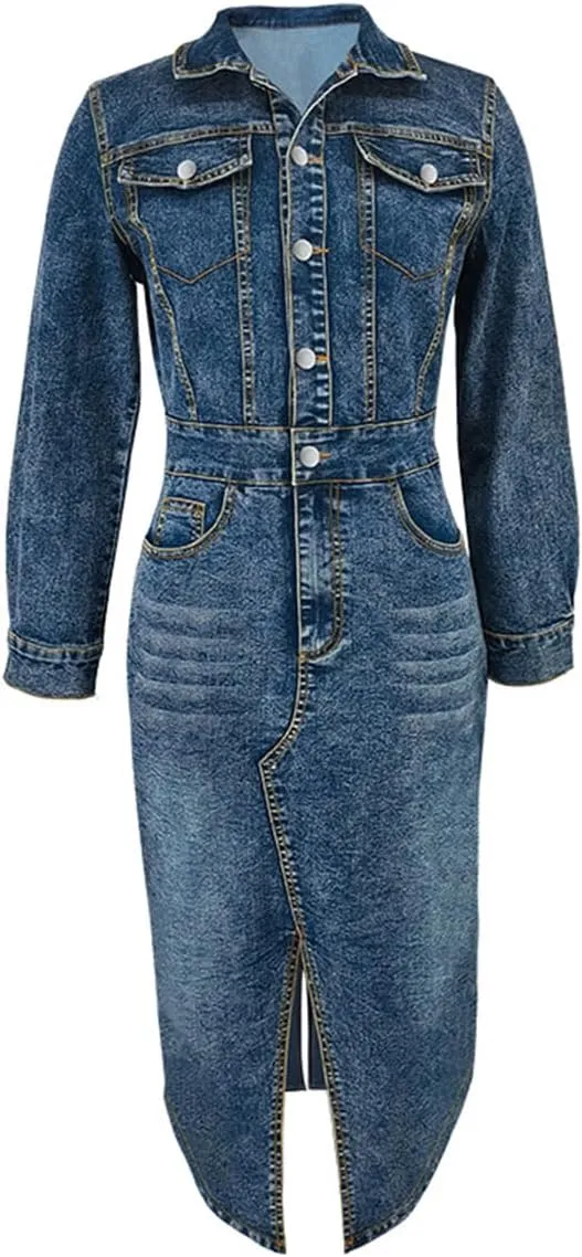 Women's Long Sleeves Lapel Denim Dress High Waist Buttons Slit Midi Washed Hip Wrap Dress
