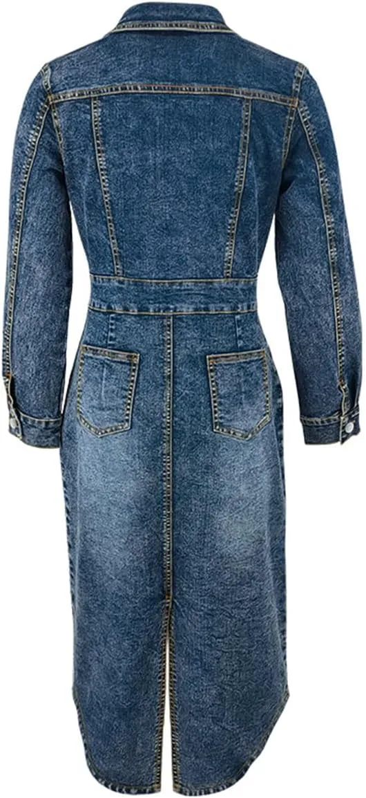 Women's Long Sleeves Lapel Denim Dress High Waist Buttons Slit Midi Washed Hip Wrap Dress