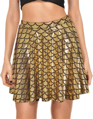 Women's Mermaid Scales Sparkle Skater Skirt Shiny Fish Scale Flared Pleated Mini Skirts