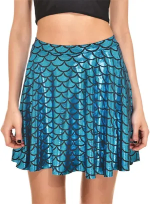 Women's Mermaid Scales Sparkle Skater Skirt Shiny Fish Scale Flared Pleated Mini Skirts