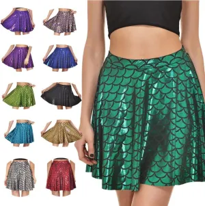 Women's Mermaid Scales Sparkle Skater Skirt Shiny Fish Scale Flared Pleated Mini Skirts