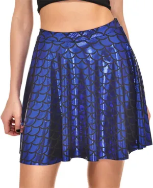 Women's Mermaid Scales Sparkle Skater Skirt Shiny Fish Scale Flared Pleated Mini Skirts