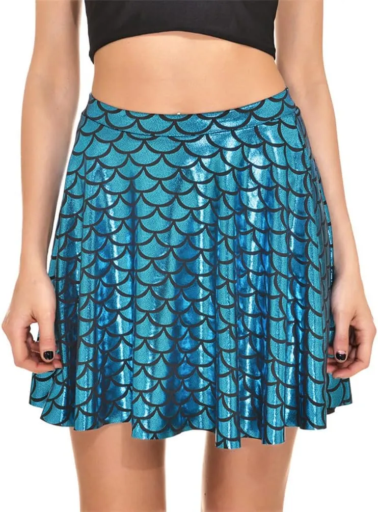 Women's Mermaid Scales Sparkle Skater Skirt Shiny Fish Scale Flared Pleated Mini Skirts