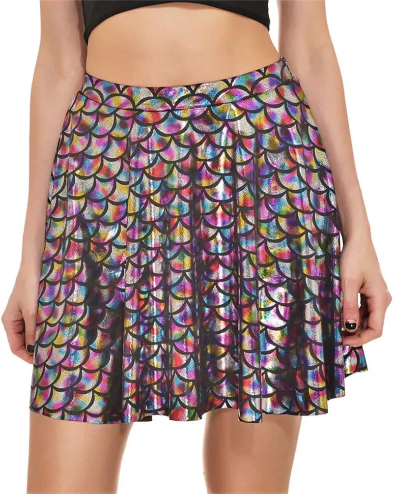 Women's Mermaid Scales Sparkle Skater Skirt Shiny Fish Scale Flared Pleated Mini Skirts
