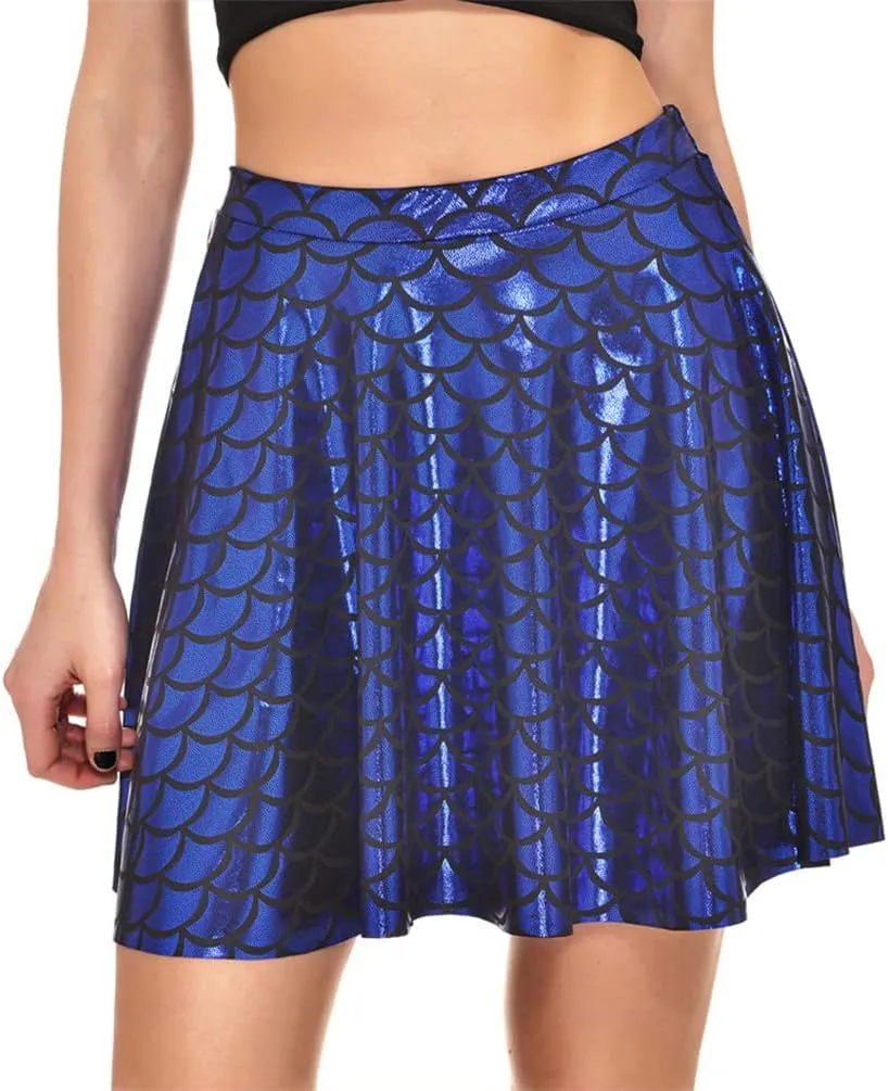 Women's Mermaid Scales Sparkle Skater Skirt Shiny Fish Scale Flared Pleated Mini Skirts