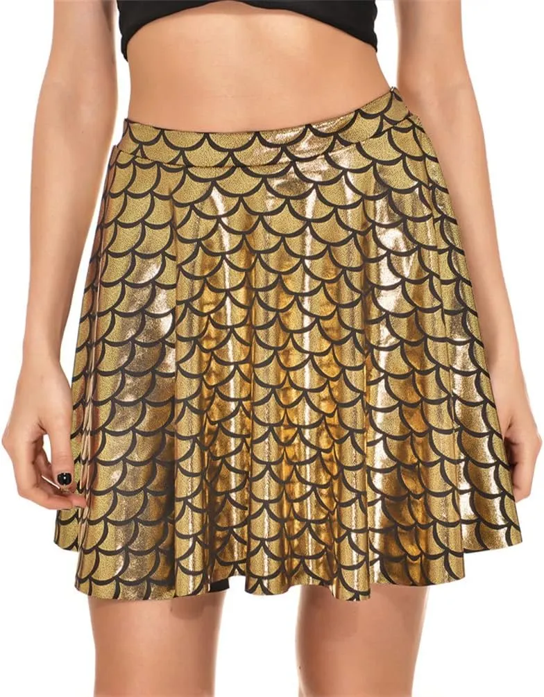 Women's Mermaid Scales Sparkle Skater Skirt Shiny Fish Scale Flared Pleated Mini Skirts