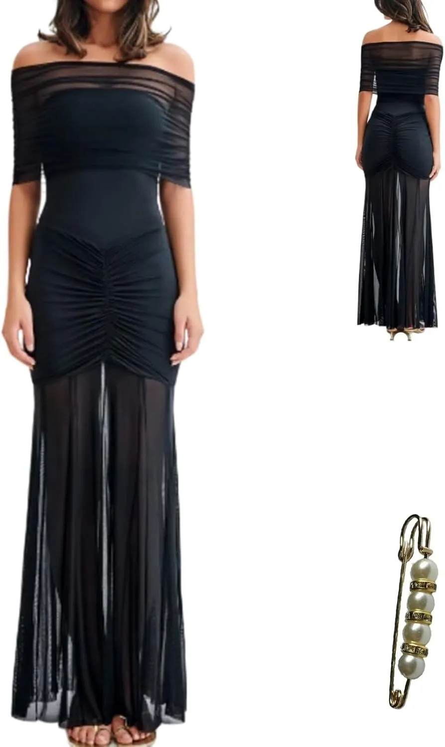 Womens One Shoulder Mermaid Mesh Maxi Dress Ruffled Slim Bodycon Dress Elegant Evening Party Dress for Spring Summer