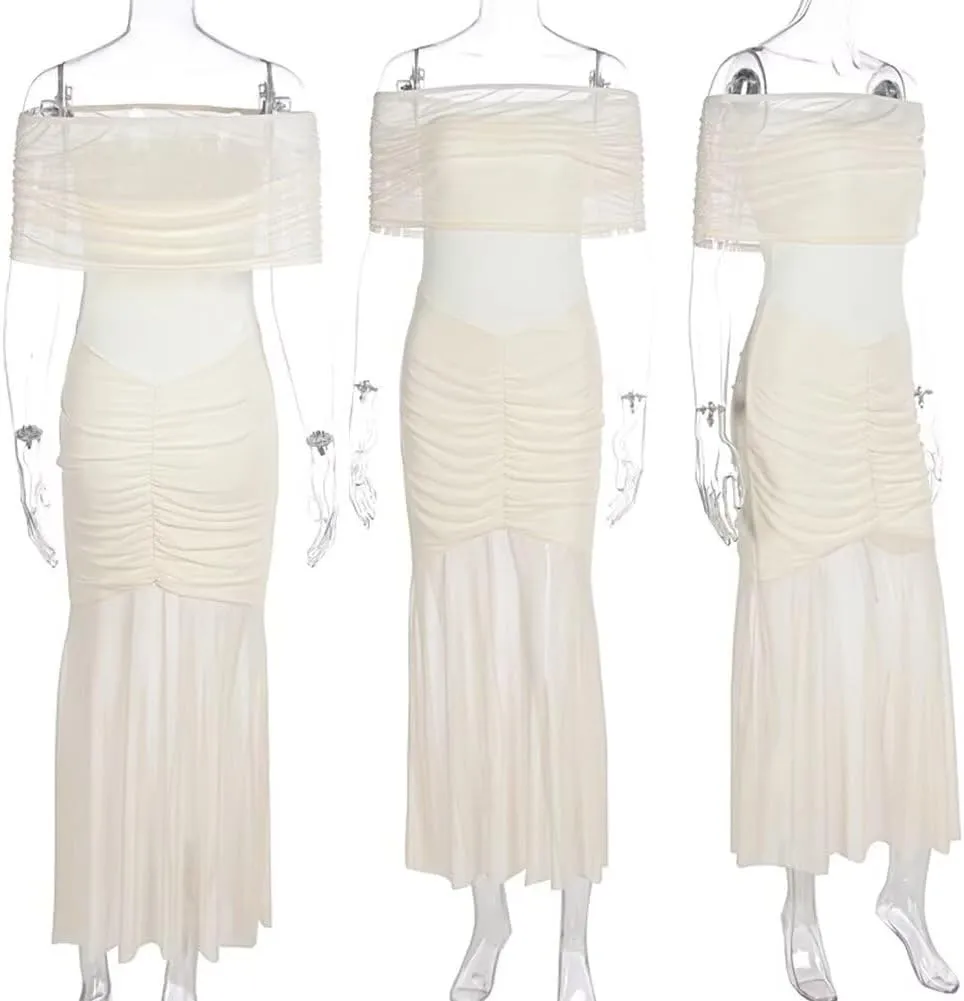 Womens One Shoulder Mermaid Mesh Maxi Dress Ruffled Slim Bodycon Dress Elegant Evening Party Dress for Spring Summer