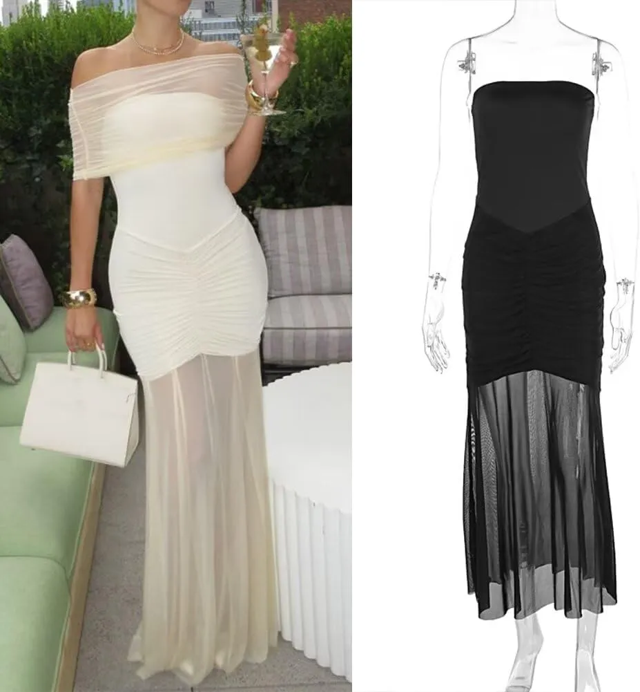 Womens One Shoulder Mermaid Mesh Maxi Dress Ruffled Slim Bodycon Dress Elegant Evening Party Dress for Spring Summer