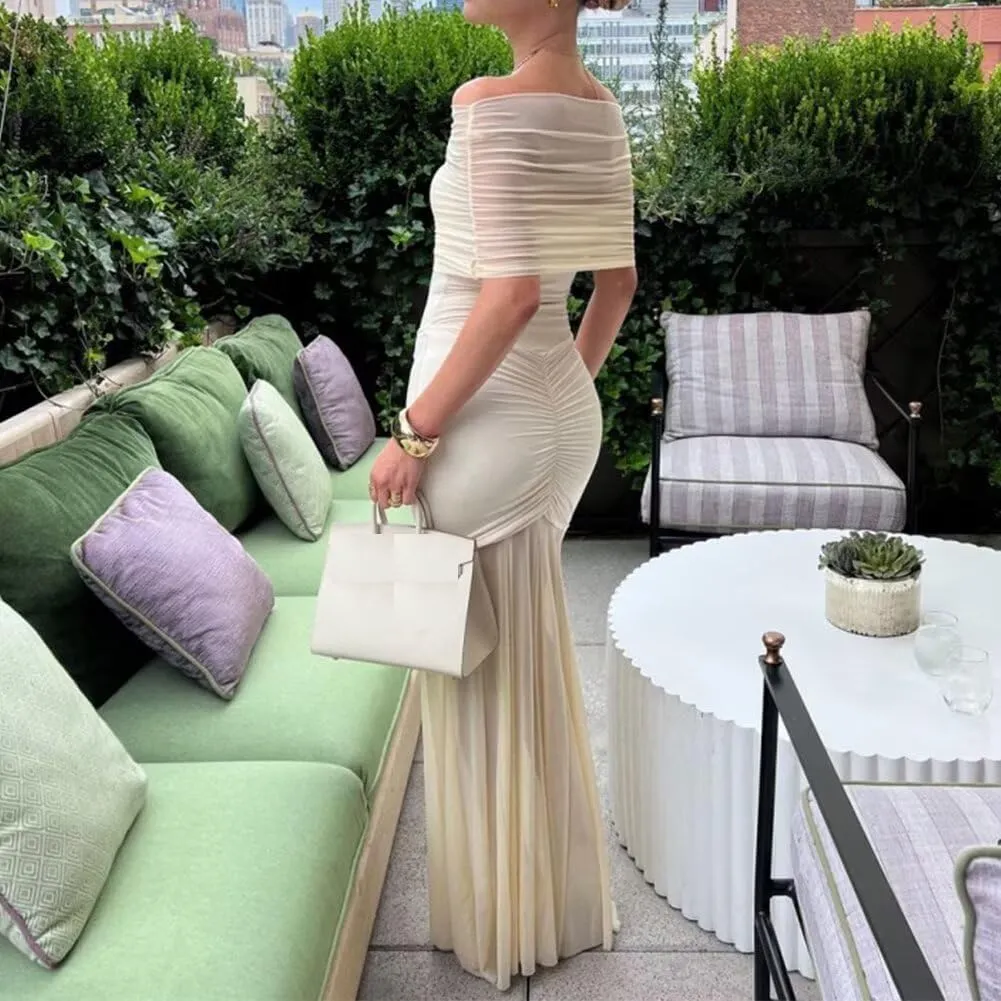 Womens One Shoulder Mermaid Mesh Maxi Dress Ruffled Slim Bodycon Dress Elegant Evening Party Dress for Spring Summer