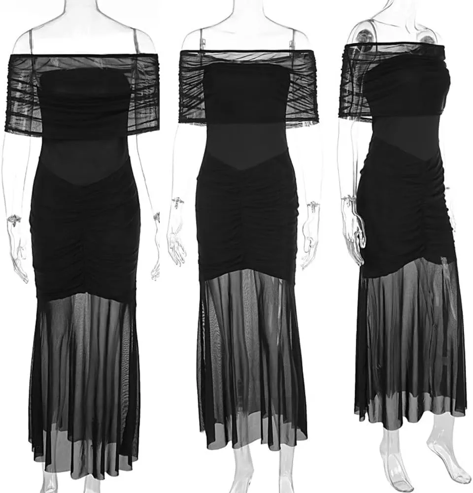 Womens One Shoulder Mermaid Mesh Maxi Dress Ruffled Slim Bodycon Dress Elegant Evening Party Dress for Spring Summer