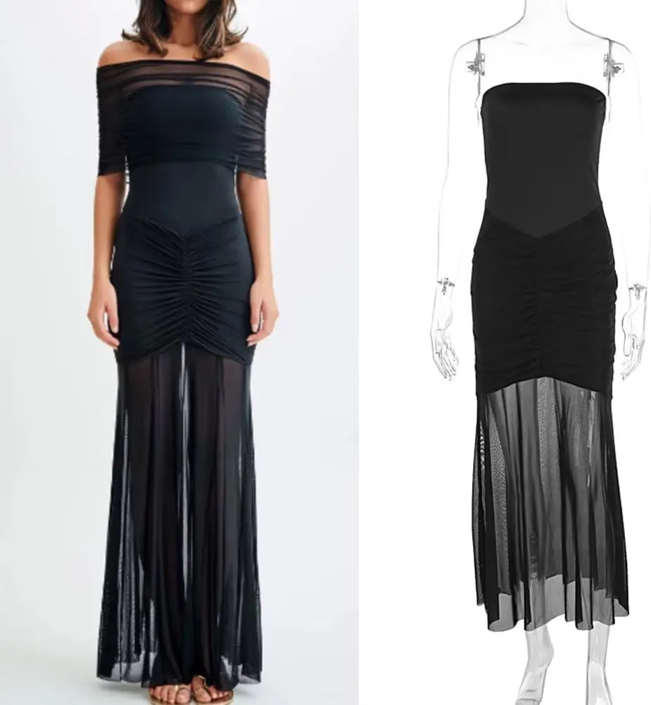 Womens One Shoulder Mermaid Mesh Maxi Dress Ruffled Slim Bodycon Dress Elegant Evening Party Dress for Spring Summer