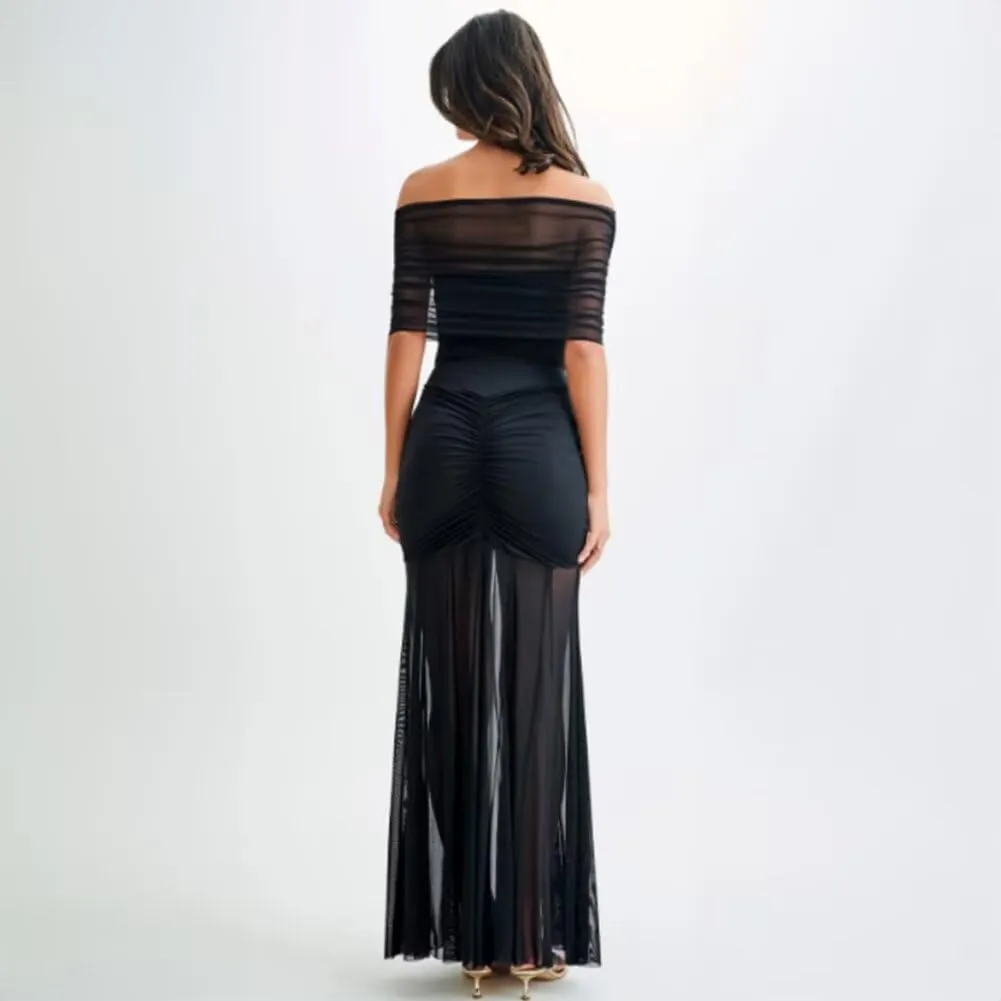 Womens One Shoulder Mermaid Mesh Maxi Dress Ruffled Slim Bodycon Dress Elegant Evening Party Dress for Spring Summer