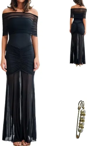 Womens One Shoulder Mermaid Mesh Maxi Dress Ruffled Slim Bodycon Dress Elegant Evening Party Dress for Spring Summer