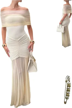 Womens One Shoulder Mermaid Mesh Maxi Dress Ruffled Slim Bodycon Dress Elegant Evening Party Dress for Spring Summer