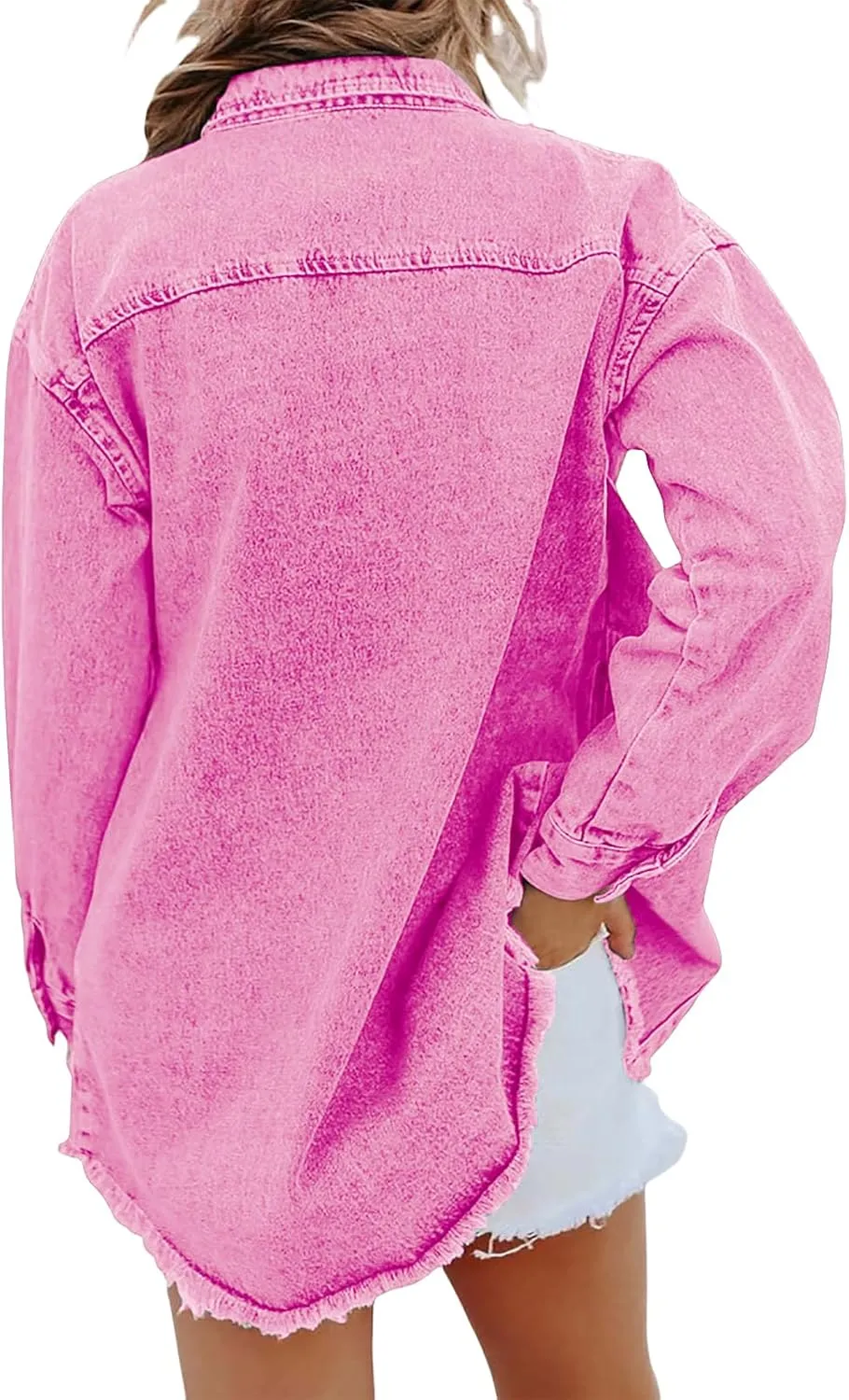 Women's Oversized Denim Jacket Frayed Hem Long Sleeve Jacket Casual Boyfriend Shacket Jacket Trendy Lapel Top