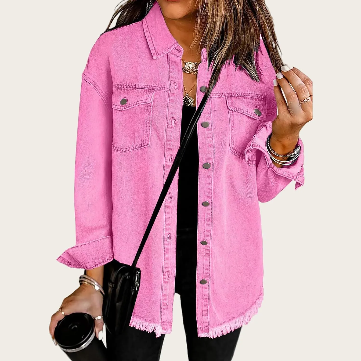 Women's Oversized Denim Jacket Frayed Hem Long Sleeve Jacket Casual Boyfriend Shacket Jacket Trendy Lapel Top