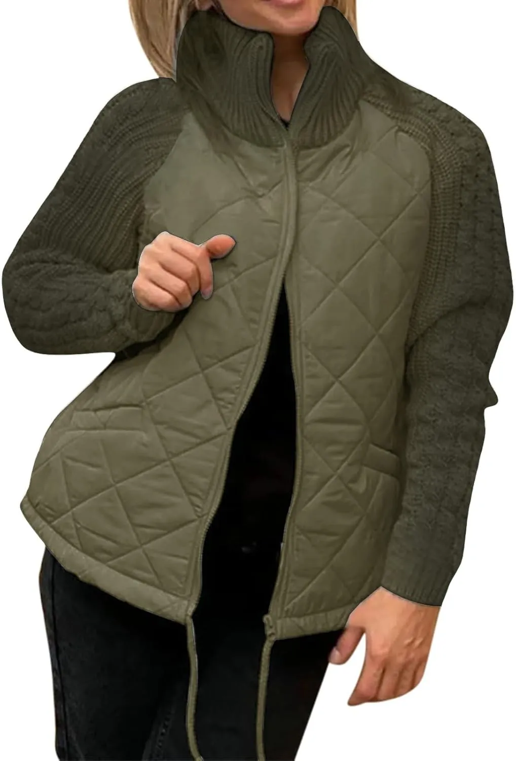 Womens Puffer Jacket Lightweight Knit Patchwork Zip Up Long Sleeve Quilted Jackets Warm Winter Outerwear 2024