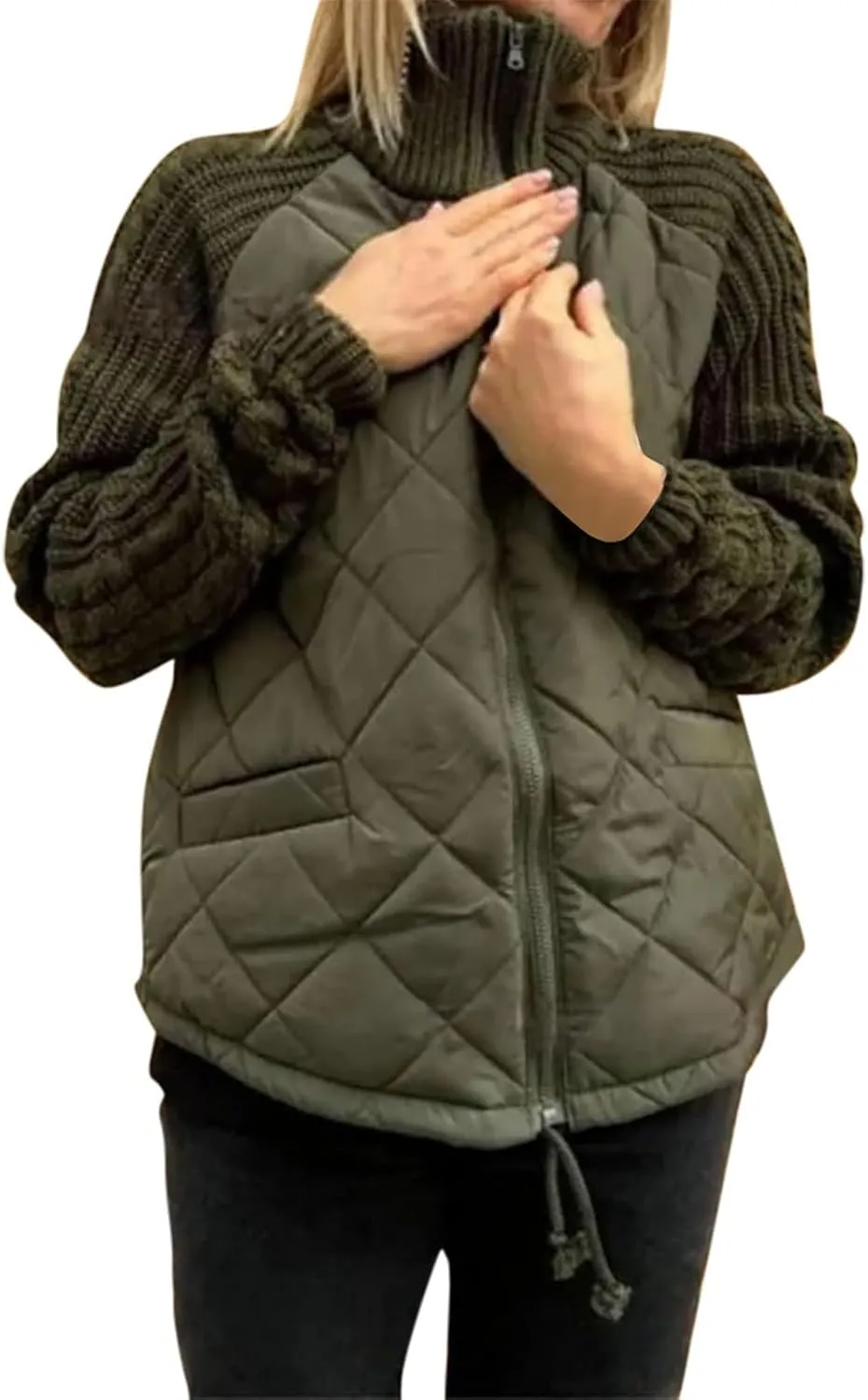Womens Puffer Jacket Lightweight Knit Patchwork Zip Up Long Sleeve Quilted Jackets Warm Winter Outerwear 2024