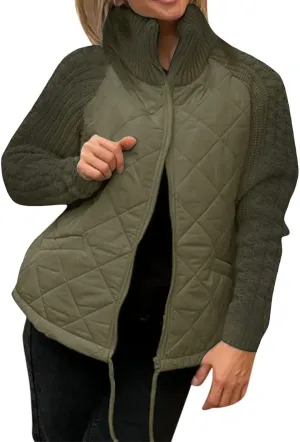 Womens Puffer Jacket Lightweight Knit Patchwork Zip Up Long Sleeve Quilted Jackets Warm Winter Outerwear 2024