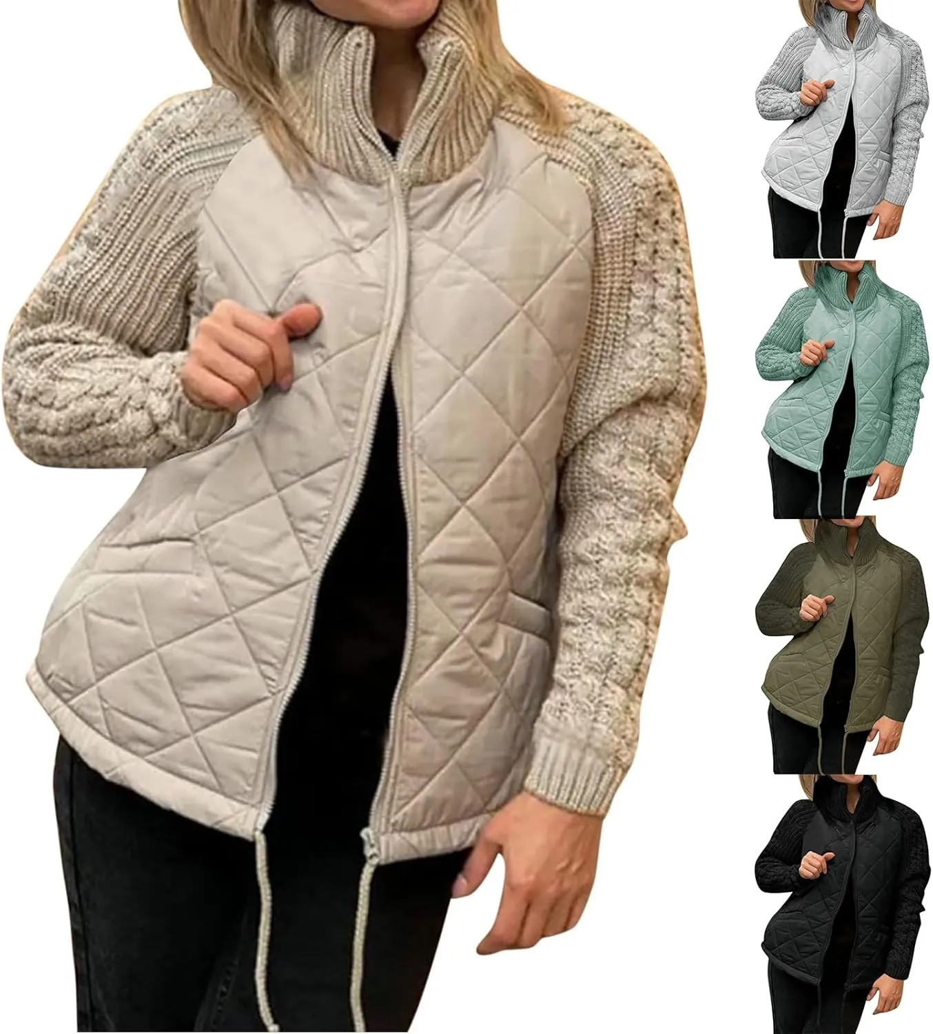 Womens Puffer Jacket Lightweight Knit Patchwork Zip Up Long Sleeve Quilted Jackets Warm Winter Outerwear 2024
