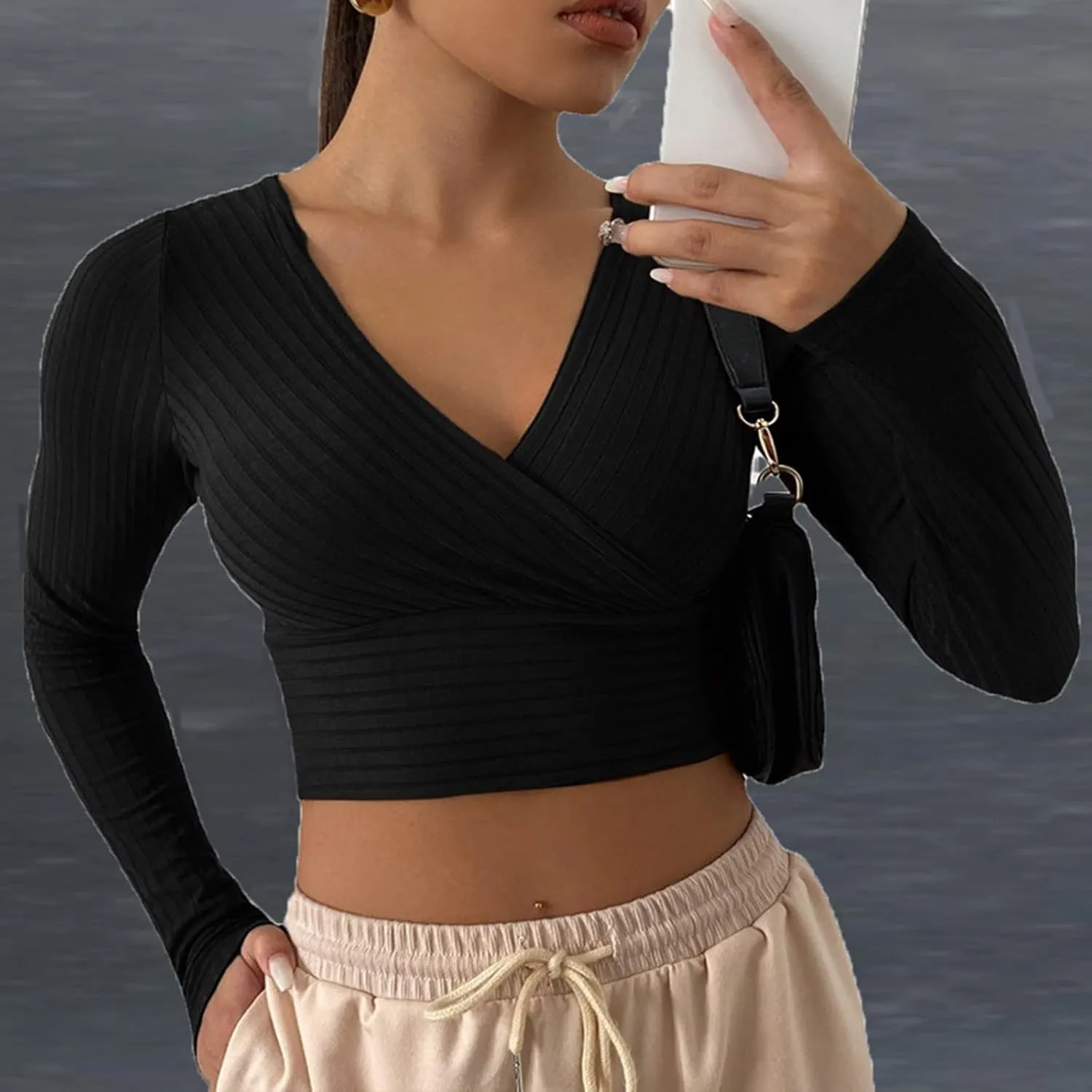 Women's Sexy Crop Tops Yoga Workout V Neck Tops Long Sleeve Slim Fit Stretchy Gym Fitness Tees Cozy Knitted Jersey Shirts