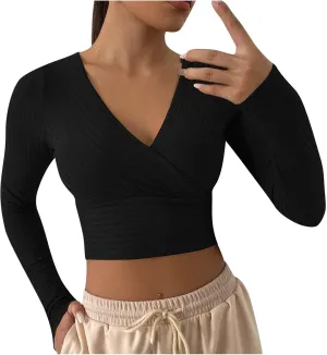 Women's Sexy Crop Tops Yoga Workout V Neck Tops Long Sleeve Slim Fit Stretchy Gym Fitness Tees Cozy Knitted Jersey Shirts