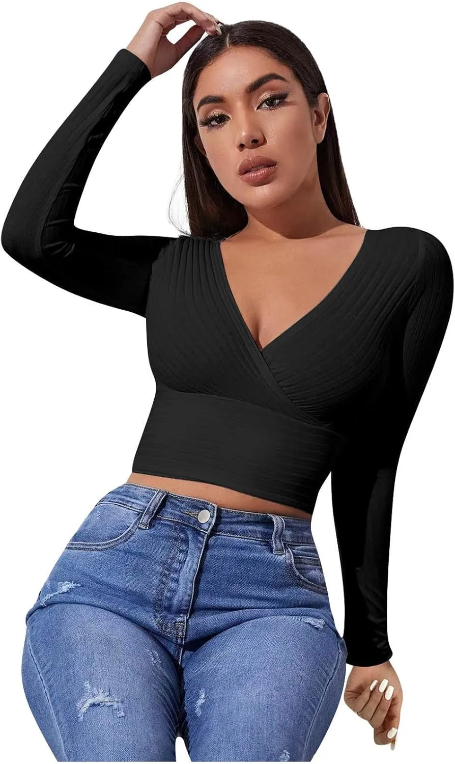 Women's Sexy Crop Tops Yoga Workout V Neck Tops Long Sleeve Slim Fit Stretchy Gym Fitness Tees Cozy Knitted Jersey Shirts