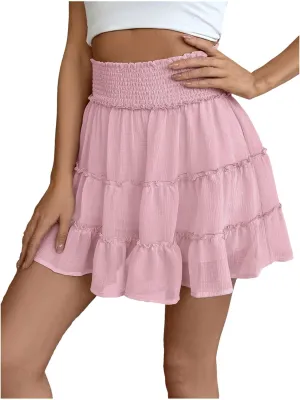 Women's Sexy Pleated Mini Skirts Summer Casual Elastic Waist Short Skirt