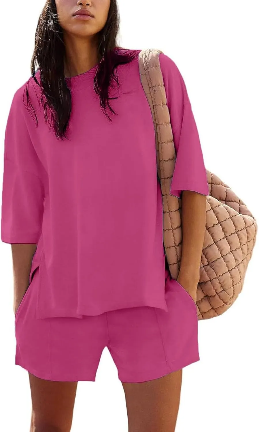 Womens Shorts Sets 2 Piece Outfits Summer 2025 Half Sleeve Crew Neck Cotton Lounge Sets Matching Clothing