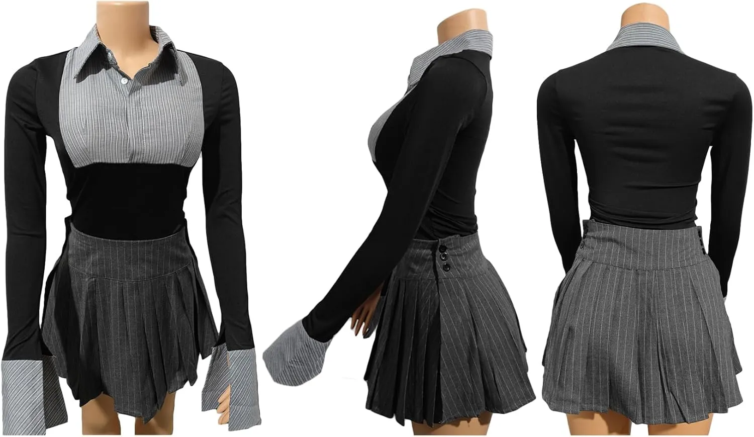 Women's Skirt Sets 2 Piece Outfits Sexy Striped Shirt Collared Long Sleeve Button Slim Blouse & Pleated Mini Skirts