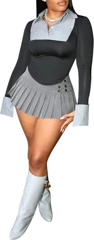 Women's Skirt Sets 2 Piece Outfits Sexy Striped Shirt Collared Long Sleeve Button Slim Blouse & Pleated Mini Skirts