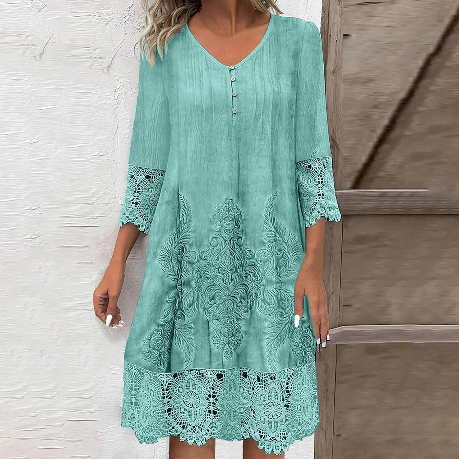 Women's Summer 3/4 Sleeve Dresses Casual Loose Fit Lace Embroidery T Shirt Dress Pleated Button V Neck Sundress