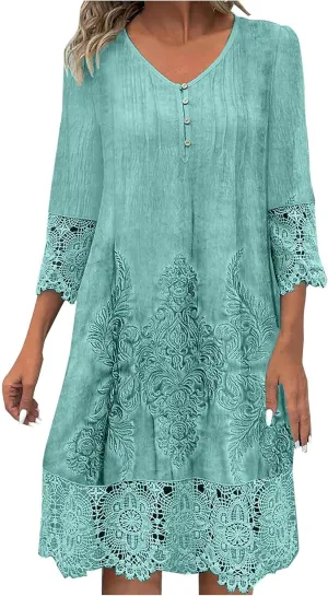 Women's Summer 3/4 Sleeve Dresses Casual Loose Fit Lace Embroidery T Shirt Dress Pleated Button V Neck Sundress