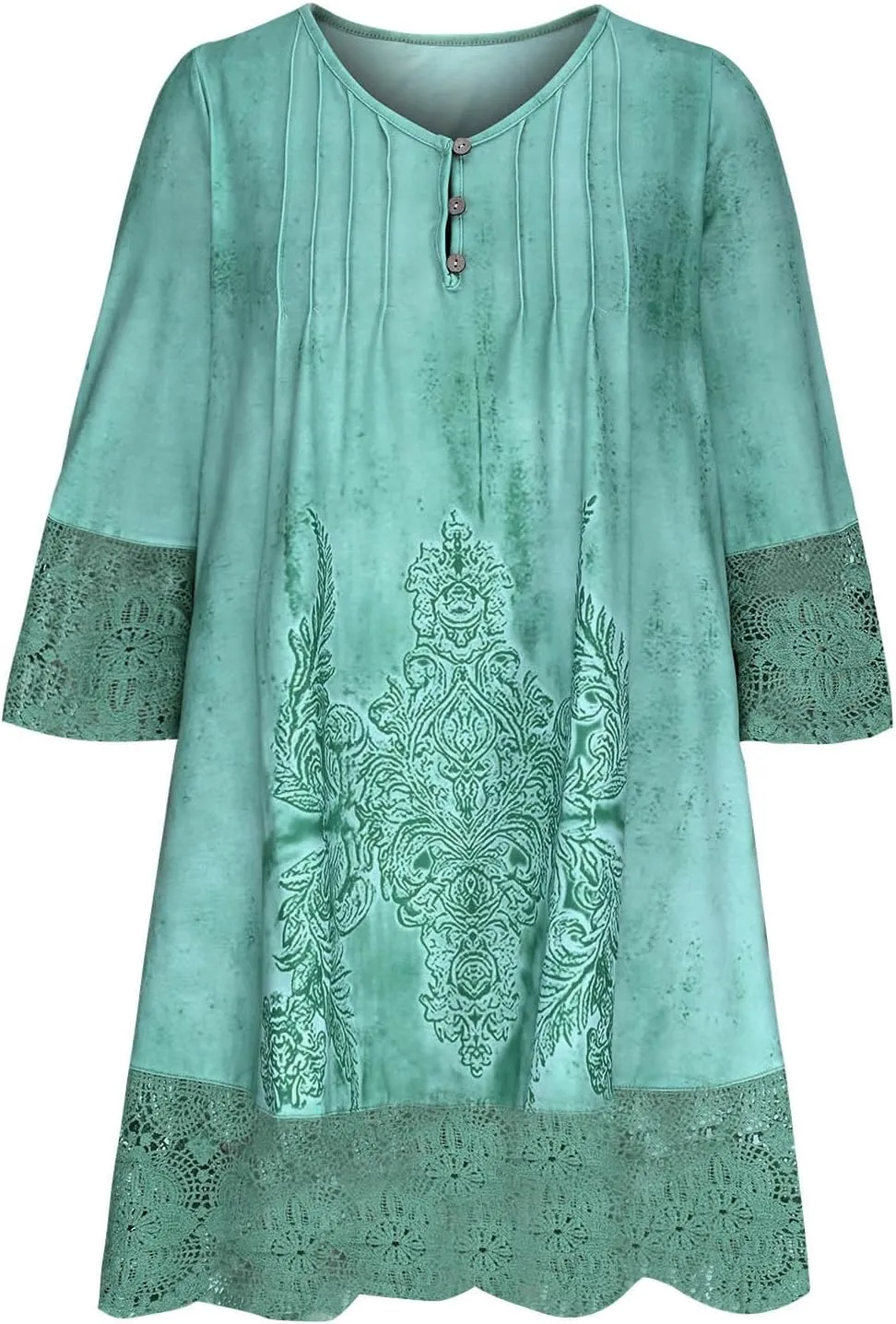 Women's Summer 3/4 Sleeve Dresses Casual Loose Fit Lace Embroidery T Shirt Dress Pleated Button V Neck Sundress