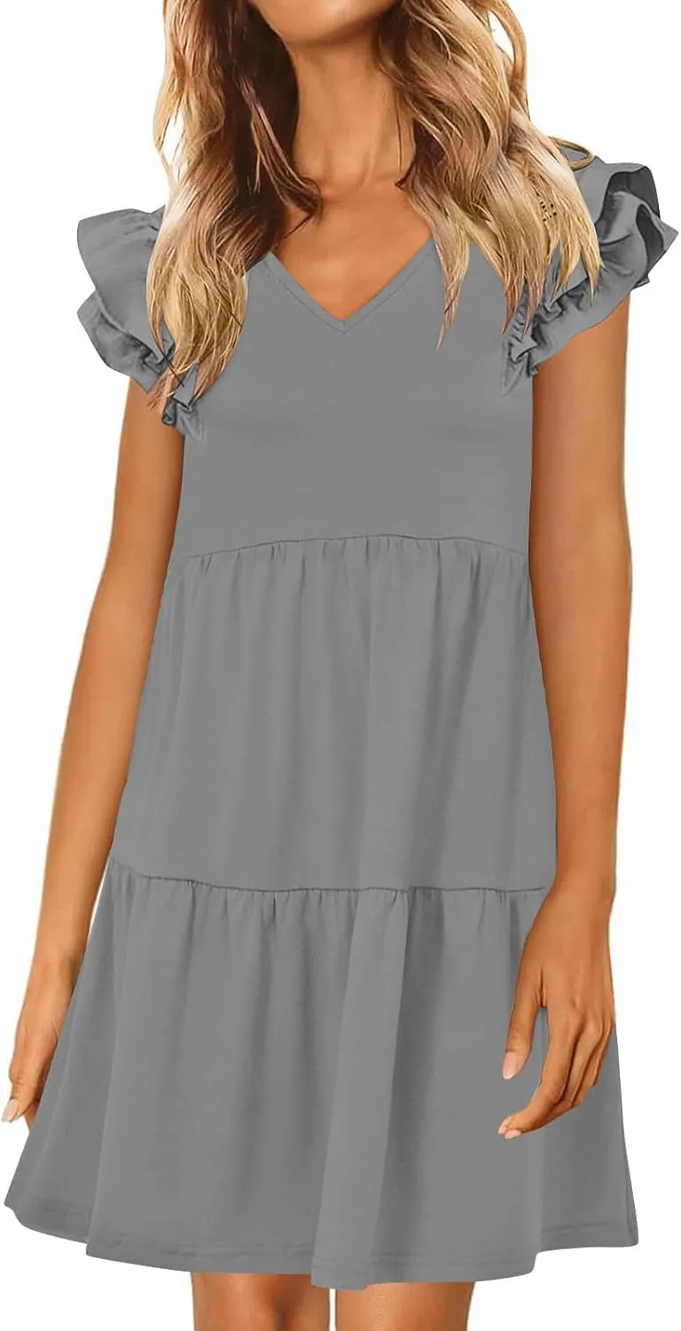 Womens Summer Dress V Neck Ruffle Short Sleeve Casual Loose Fit Swing Pleated Dresses Beach Vacation Mini Sundress
