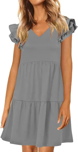 Womens Summer Dress V Neck Ruffle Short Sleeve Casual Loose Fit Swing Pleated Dresses Beach Vacation Mini Sundress