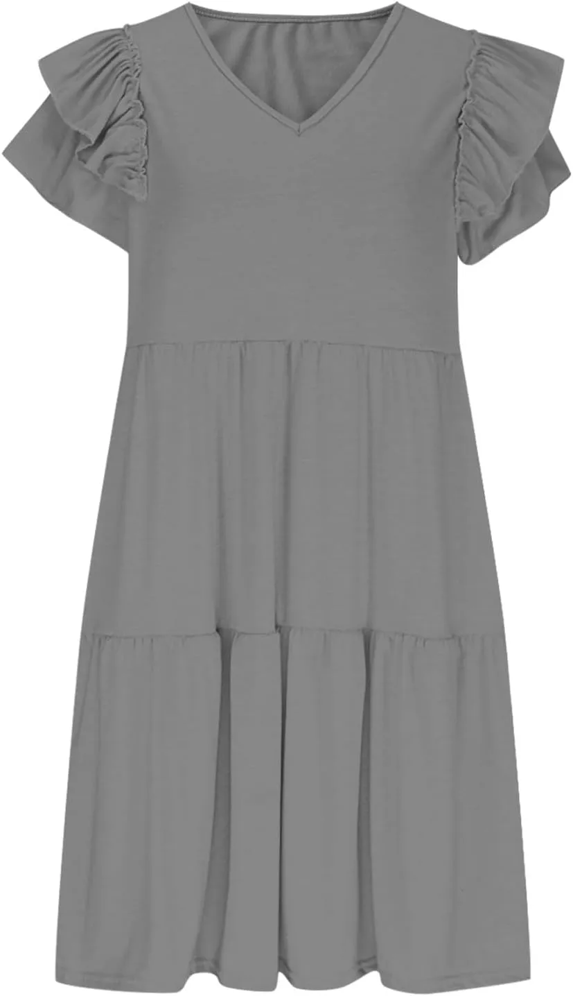 Womens Summer Dress V Neck Ruffle Short Sleeve Casual Loose Fit Swing Pleated Dresses Beach Vacation Mini Sundress