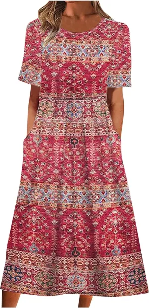 Womens Summer Flowy Boho Printed Dress Casual Round Neck Half Sleeve Shirt Dress Vintage Floral Dresses with Pockets