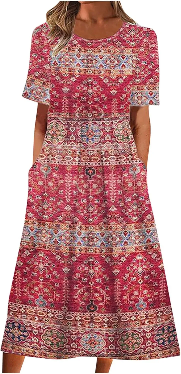 Womens Summer Flowy Boho Printed Dress Casual Round Neck Half Sleeve Shirt Dress Vintage Floral Dresses with Pockets