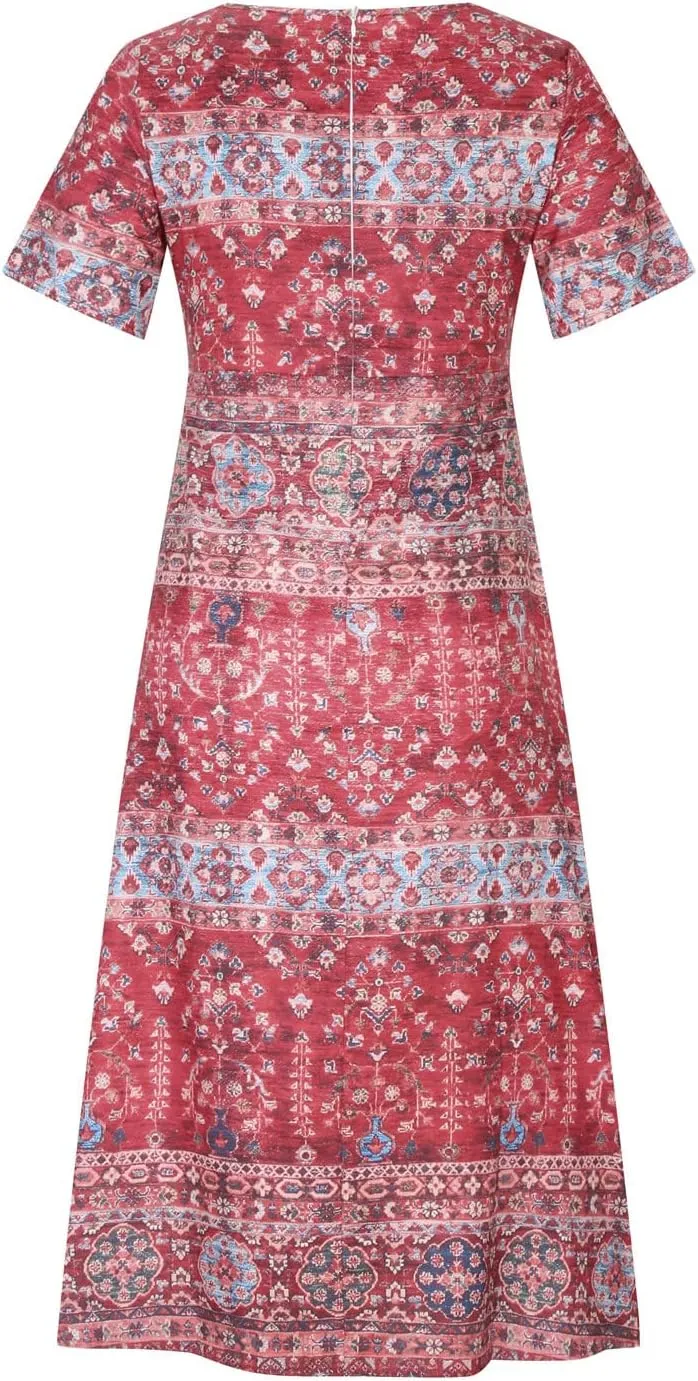 Womens Summer Flowy Boho Printed Dress Casual Round Neck Half Sleeve Shirt Dress Vintage Floral Dresses with Pockets