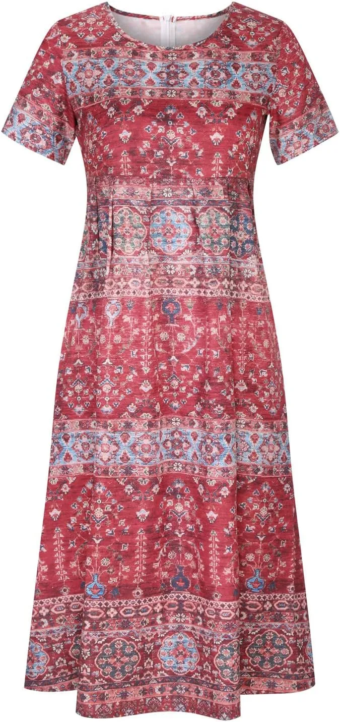 Womens Summer Flowy Boho Printed Dress Casual Round Neck Half Sleeve Shirt Dress Vintage Floral Dresses with Pockets