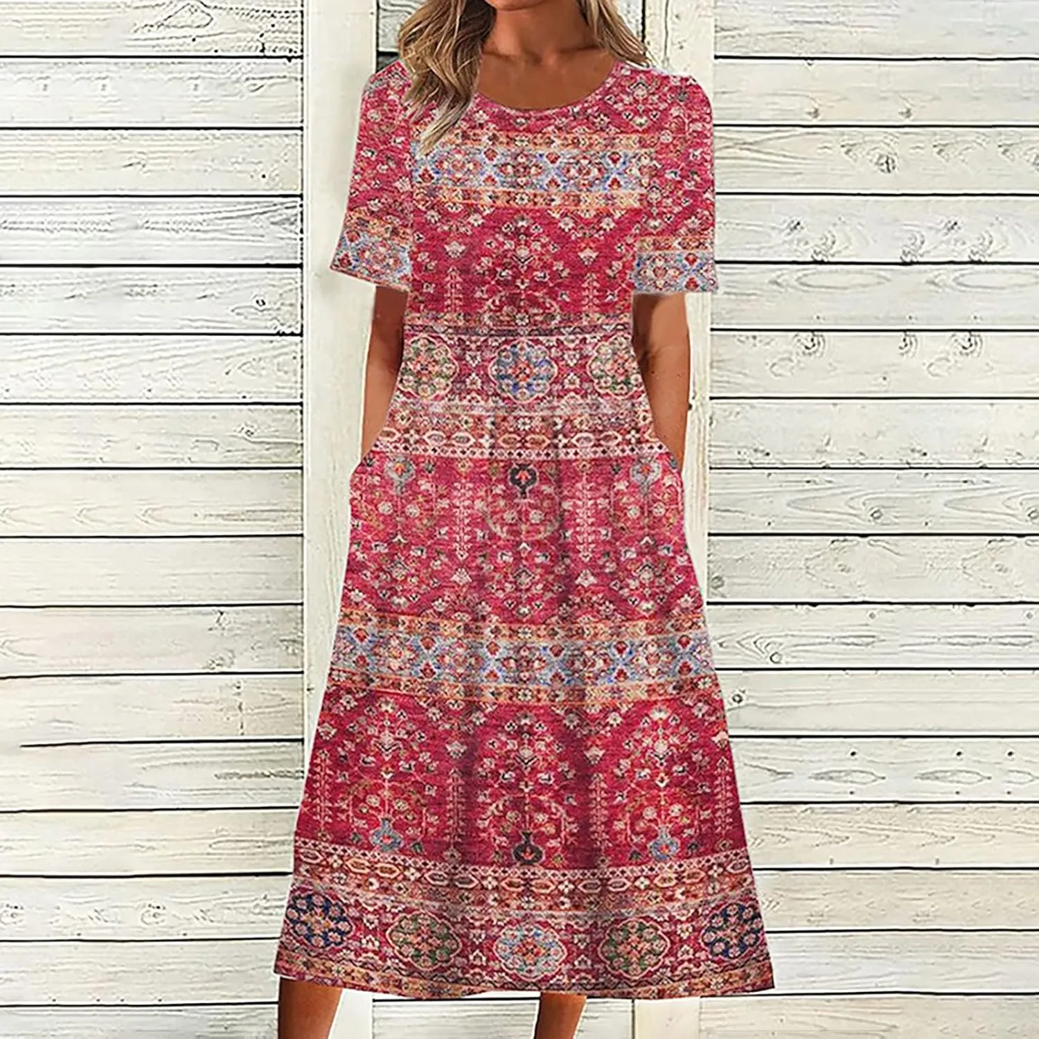 Womens Summer Flowy Boho Printed Dress Casual Round Neck Half Sleeve Shirt Dress Vintage Floral Dresses with Pockets